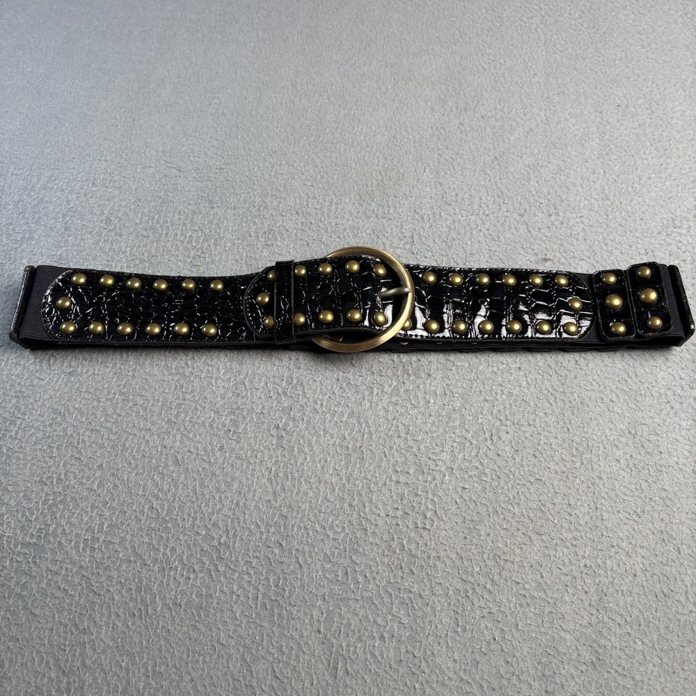 Black Faux Croc Studded Elastic Waist Belt Antique Brass Buckle Wide Statement